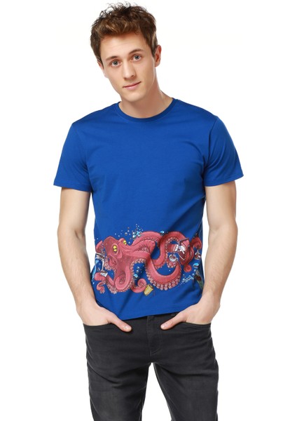 Barista - Murat Başol Tasarımı Mavi Bisiklet Yaka Erkek T-Shirt