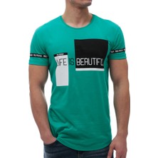 Madmext Erkek Baskılı Bisiklet Yaka Petrol Yeşili Tişört 2890