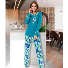 Derya Kurşun Baskılı Bisiklet Yaka Kadın Pijama Takım 1111