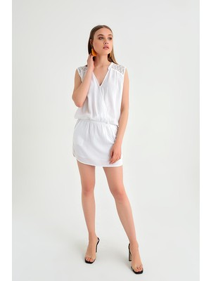 Pua Fashion Kadın İtalyan Beyaz Omuzu Sırtı Dantel Kolsuz Mini Elbise