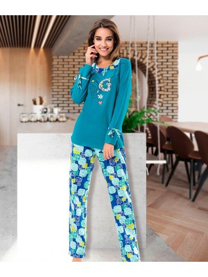 Derya Kurşun Baskılı Bisiklet Yaka Kadın Pijama Takım 1111