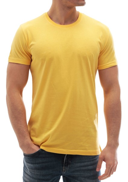Erkek Bisiklet Yaka Basic Tişört Sarı 3006