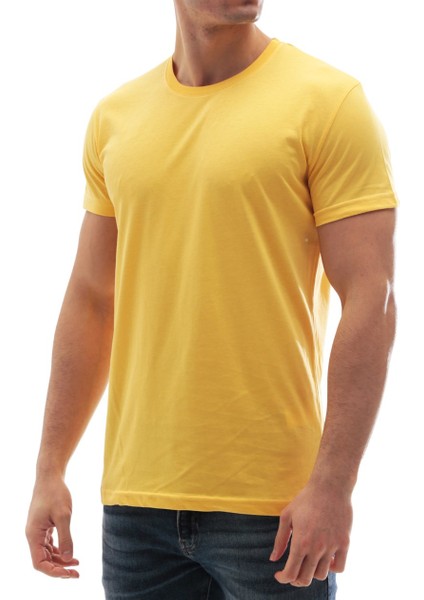 Erkek Bisiklet Yaka Basic Tişört Sarı 3006