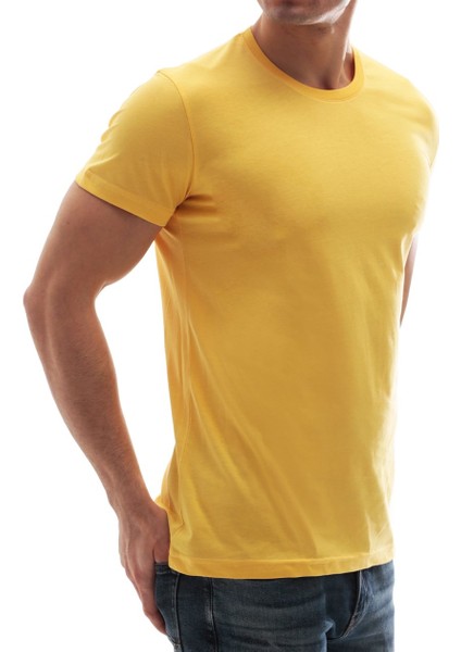 Erkek Bisiklet Yaka Basic Tişört Sarı 3006