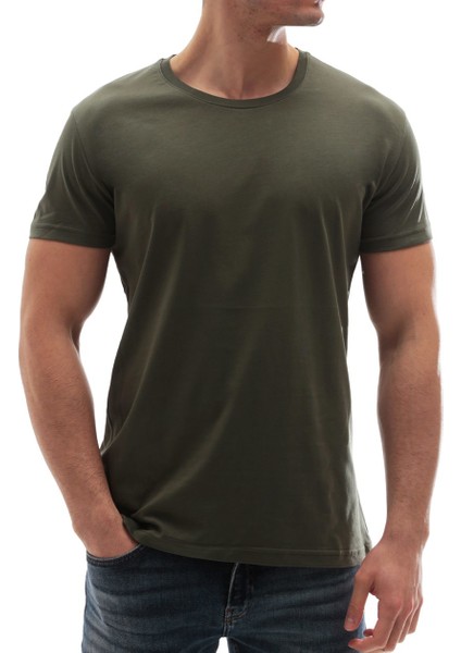 Erkek Bisiklet Yaka Basic Tişört Haki 3006