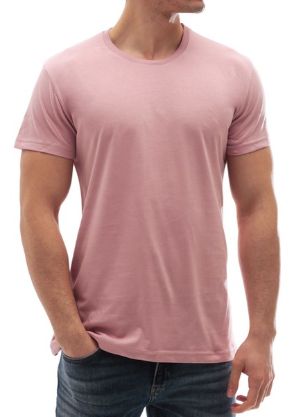 Erkek Bisiklet Yaka Basic Tişört Pembe 3006