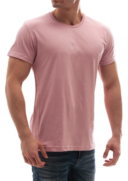 Erkek Bisiklet Yaka Basic Tişört Pembe 3006