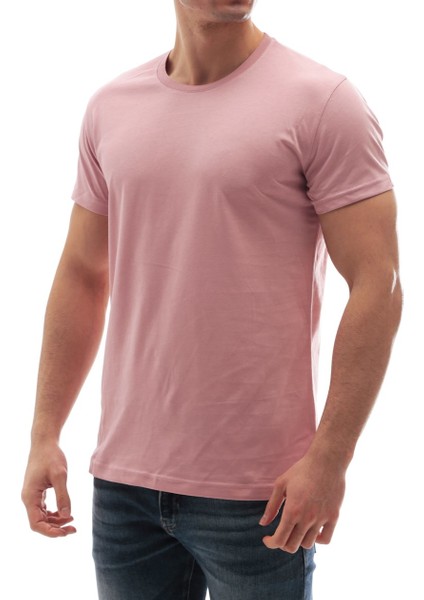 Erkek Bisiklet Yaka Basic Tişört Pembe 3006