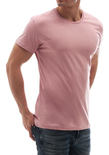 Erkek Bisiklet Yaka Basic Tişört Pembe 3006