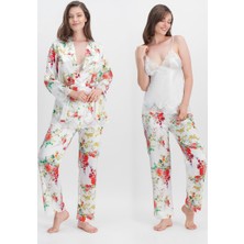 Arnetta Flowers of Summer Ekru Kadın Askılı Saten Pijama Takımı - Sabahlık 3'lü Takım