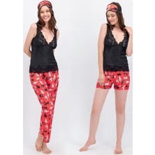 Arnetta Crazy Cats Siyah Kırmızı Kadın Askılı Saten Pijama Takımı - Şort - Uyku Bandı 4'lü Takım