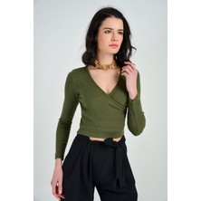 Sense Kadın Haki Uzun Kollu Kurvaze Yaka Triko Bluz Blz14392