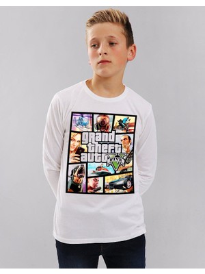 Gta 5 Çocuk T-Shirt Uzun Kollu Beyaz Unisex