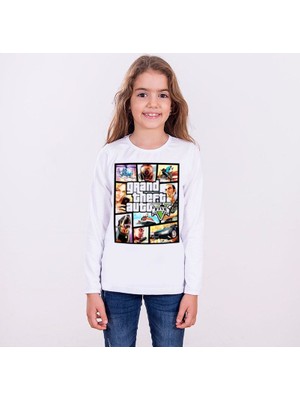 Gta 5 Çocuk T-Shirt Uzun Kollu Beyaz Unisex