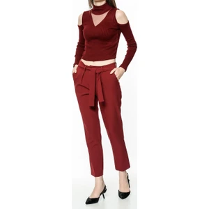 Kadın Bordo Beli Kuşaklı Kumaş Pantolon Pnt19018