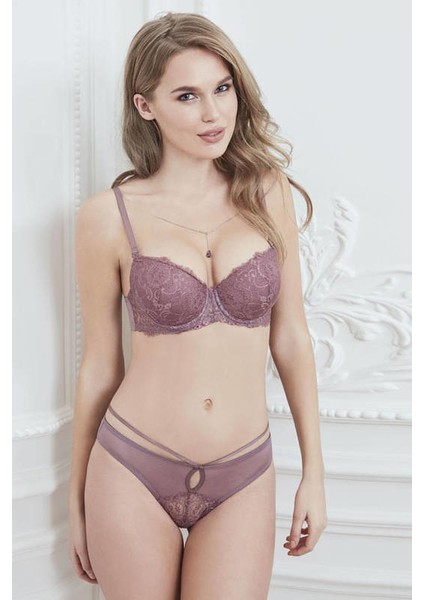 Kadın Lila Dantel Brodeli Push Up Sütyen Slip Takımı 4774