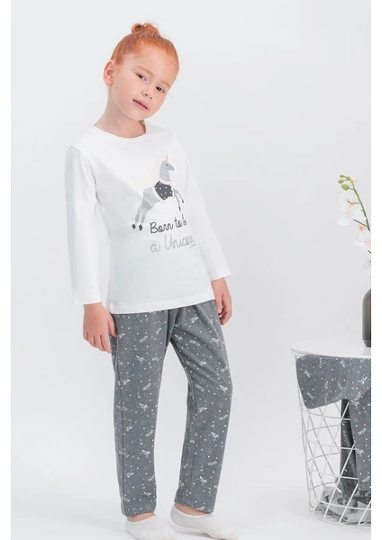 Unicorn Fly Krem Kız Çocuk Pijama Takımı