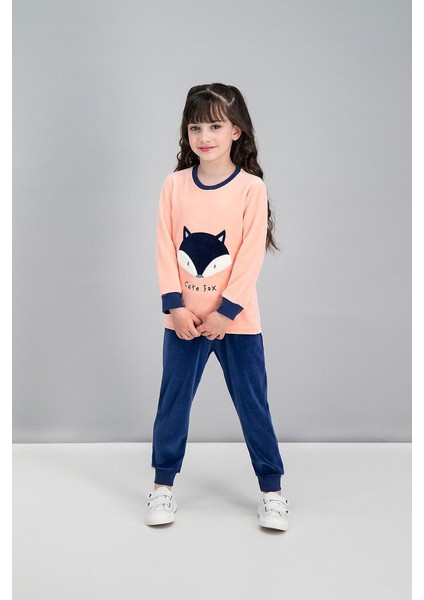 Cute Fox Şeftali Kız Çocuk Kadife Pijama Takımı