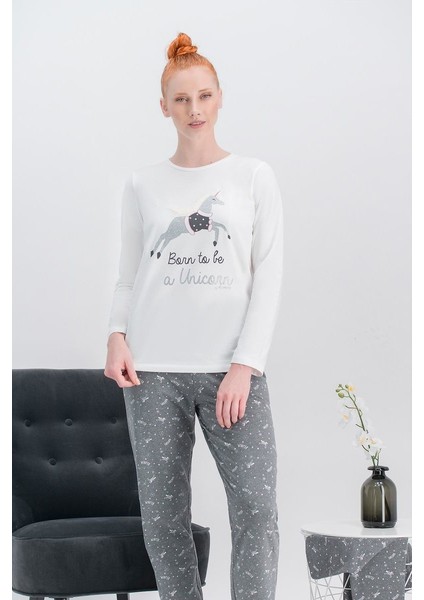 Unicorn Fly Krem Kadın Pijama Takımı