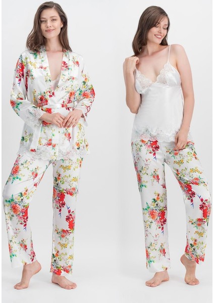 Flowers of Summer Ekru Kadın Askılı Saten Pijama Takımı - Sabahlık 3'lü Takım