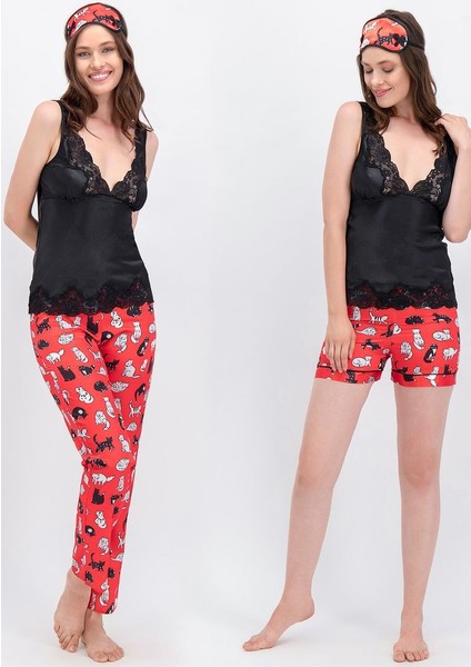 Crazy Cats Siyah Kırmızı Kadın Askılı Saten Pijama Takımı - Şort - Uyku Bandı 4'lü Takım