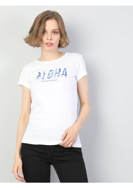 Colins Slim Fit Bisiklet Yaka Kadın Beyaz Kısa Kol Tişört