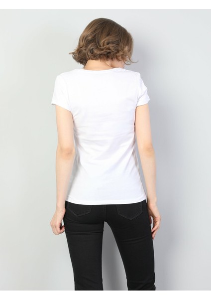 Colins Slim Fit Bisiklet Yaka Kadın Beyaz Kısa Kol Tişört fiyatları