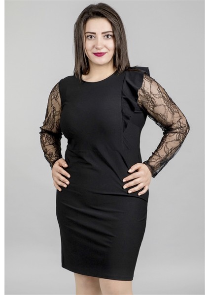 Önü Volanlı Kolları Dantel Elbise 23828