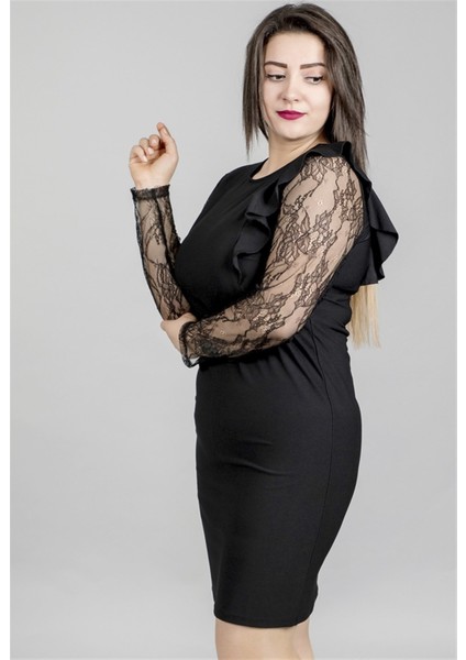 Önü Volanlı Kolları Dantel Elbise 23828