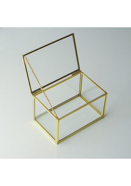 Gold Pirinç Brass Dekoratif Kapaklı Cam Takı Kutusu 15 x 10 x 8 cm