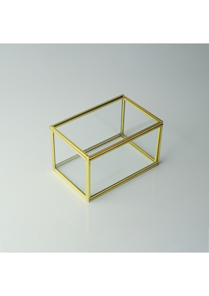 Gold Pirinç Brass Dekoratif Kapaklı Cam Takı Kutusu 15 x 10 x 8 cm