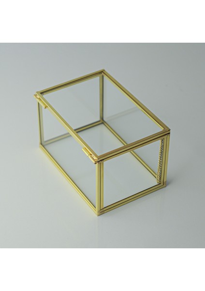 Gold Pirinç Brass Dekoratif Kapaklı Cam Takı Kutusu 15 x 10 x 8 cm