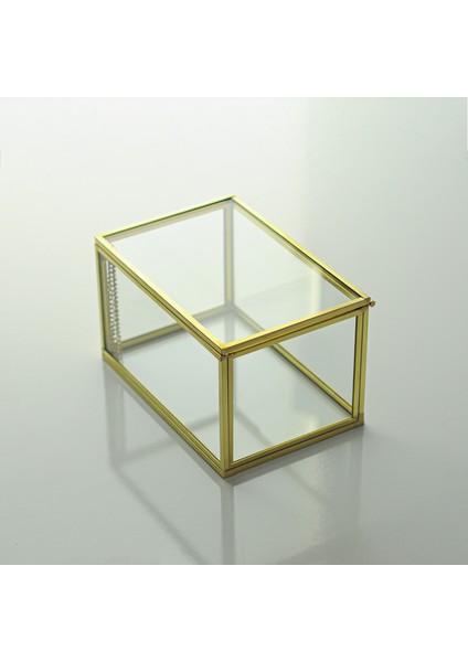 Gold Pirinç Brass Dekoratif Kapaklı Cam Takı Kutusu 15 x 10 x 8 cm