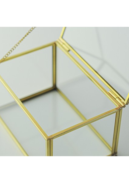 Gold Pirinç Brass Dekoratif Kapaklı Cam Takı Kutusu 15 x 10 x 8 cm