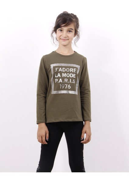 Kız Çocuk Jadore Varak Baskılı Sweatshirt Haki 8 Yaş K-330