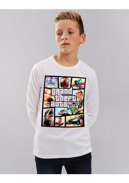 Gta 5 Çocuk T-Shirt Uzun Kollu Beyaz Unisex