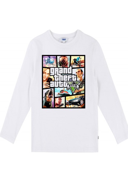 Gta 5 Çocuk T-Shirt Uzun Kollu Beyaz Unisex