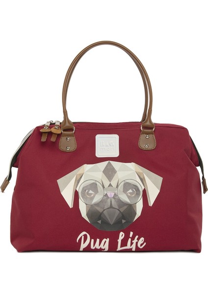 Bordo Pug Baskılı Omuz Askılı Çanta