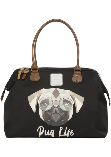 Siyah Pug Baskılı Omuz Askılı Çanta
