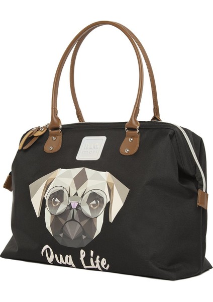 Siyah Pug Baskılı Omuz Askılı Çanta