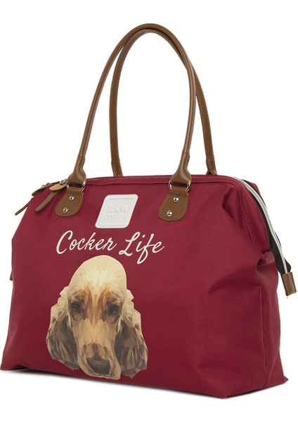 Bordo Cocker Spaniel Baskılı Omuz Askılı Çanta