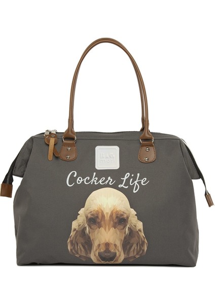 Gri Cocker Spaniel Baskılı Omuz Askılı Çanta