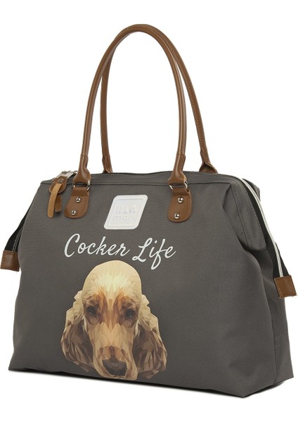 Gri Cocker Spaniel Baskılı Omuz Askılı Çanta