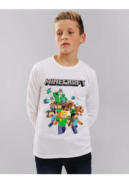 Mınecraft Çocuk T-shirt Uzun Kollu Beyaz Unisex