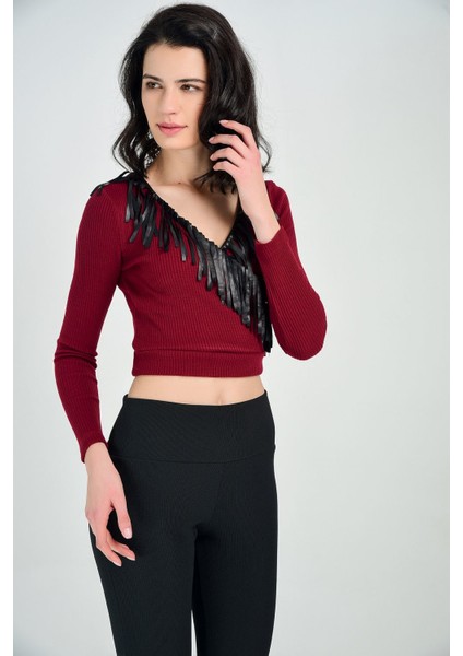 Kadın Bordo Kruvaze Rıbana Bluz Blz31022