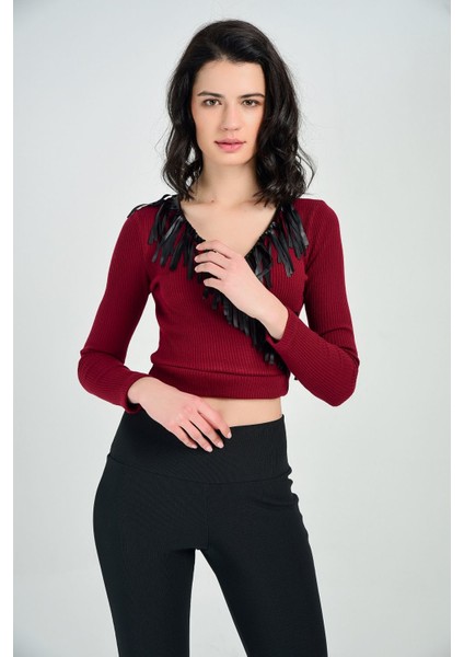 Kadın Bordo Kruvaze Rıbana Bluz Blz31022