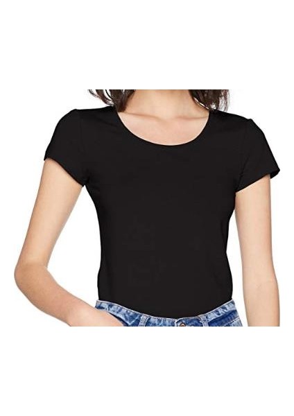 5237C Kadın Havuz Yaka Pamuklu T-Shirt Siyah