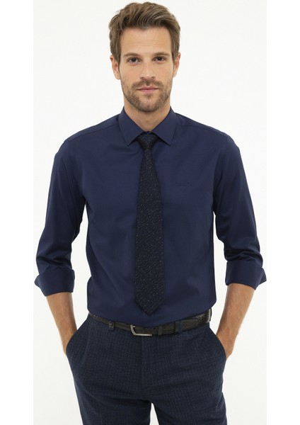 Erkek Lacivert Slim Fit Uzun Kollu Klasik Gömlek 50207628-VR033