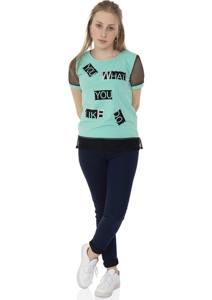 Kız Çocuk Kolları Fileli Yazı Baskılı T-shirt