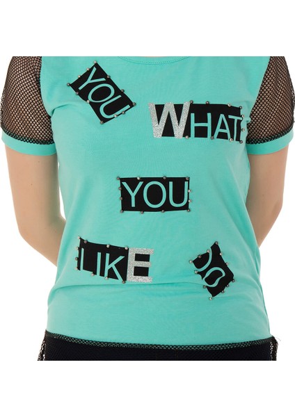 Kız Çocuk Kolları Fileli Yazı Baskılı T-shirt modelleri